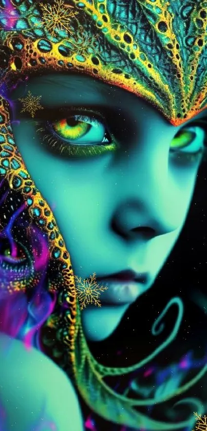 Mystical blue woman with a vivid headdress in fantasy art style.