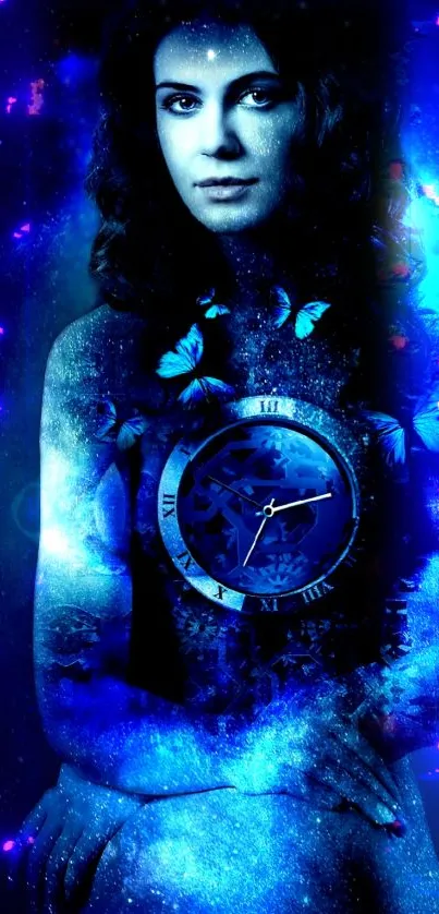 Mystical blue wallpaper featuring a woman's silhouette with clock design.