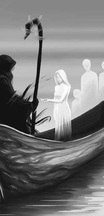 Mystical boat journey in grayscale art with serene water setting.