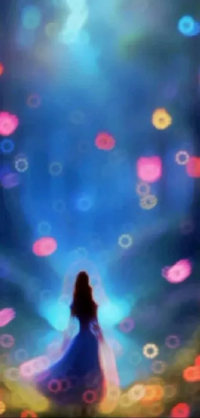 Mystical bokeh dreamscape wallpaper with a silhouette and vibrant colors.