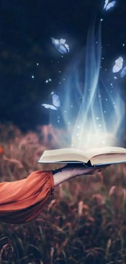 Enchanting book with glowing butterflies and purple tones.