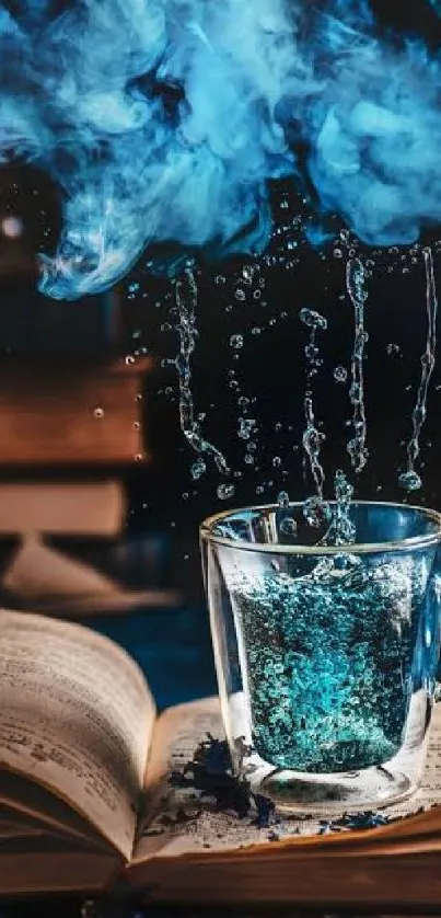 Mystical scene with book, glass, and blue smoke.