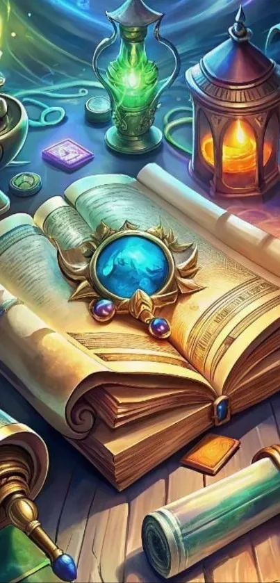 Open mystical book with glowing lanterns and fantasy elements.