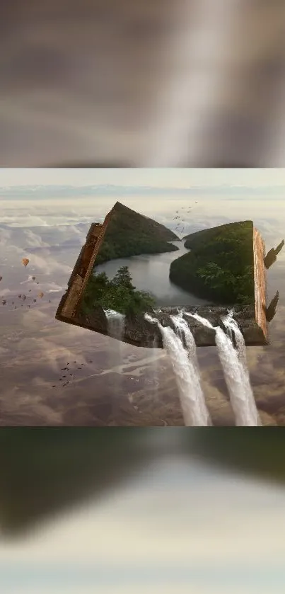 Surreal book with waterfalls and lush greenery.