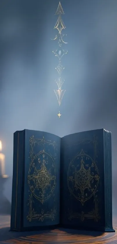 Open mystical book with glowing candles and symbols.