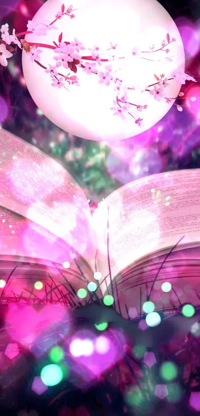 Open book with cherry blossoms under mystical lights.