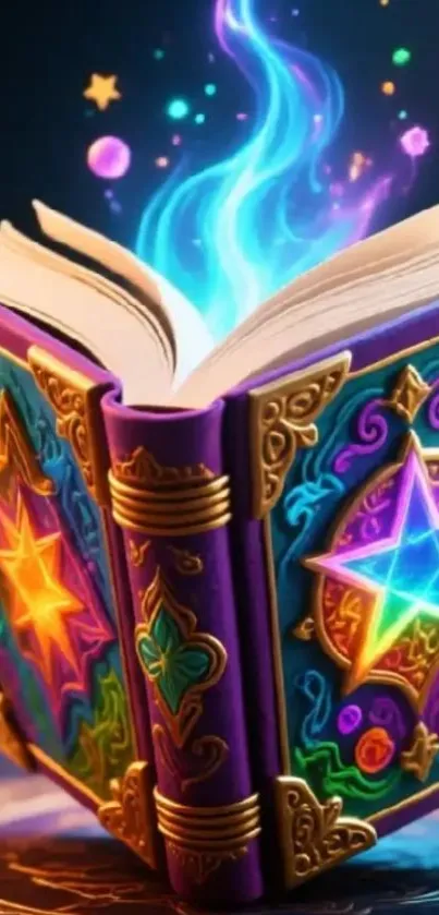 Mystical open book with colorful glowing aura.