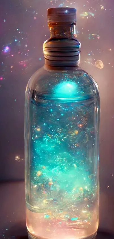 Mystical bottle glowing with galaxy lights and vibrant cosmic colors.