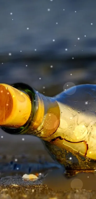 Enchanted bottle on beach with sparkles.