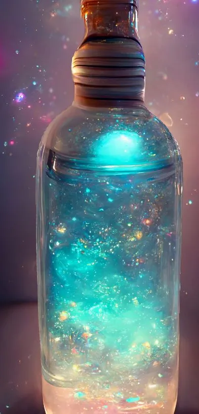 Mystical glowing bottle with a cyan hue and iridescent sparkles on a dark background.