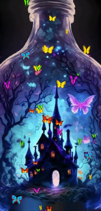 Mystical wallpaper with butterflies in a glowing bottle and a castle silhouette.