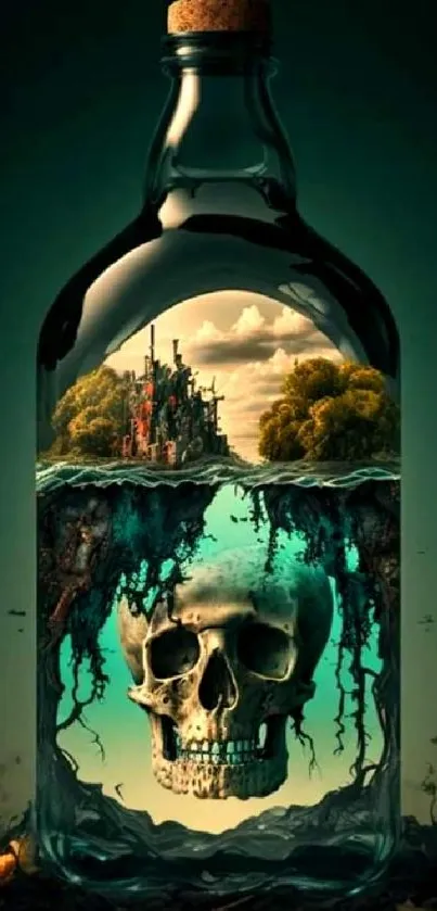 Mystical bottle with skull imagery and enchanting landscape.