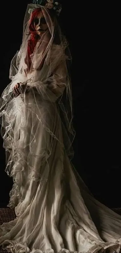 Gothic bride in a flowing white veil against a dark background.