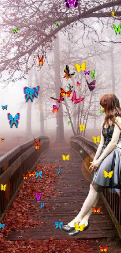 Autumn scene with girl on bridge surrounded by butterflies in a foggy forest.