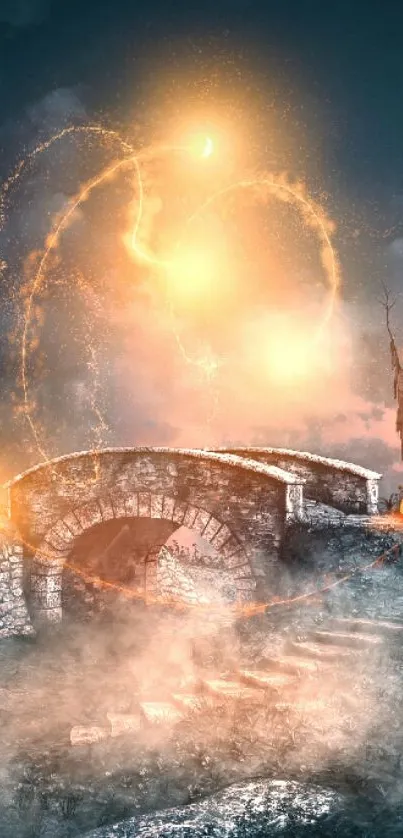 Enchanting fantasy bridge with glowing orbs amidst fog and dark landscape.