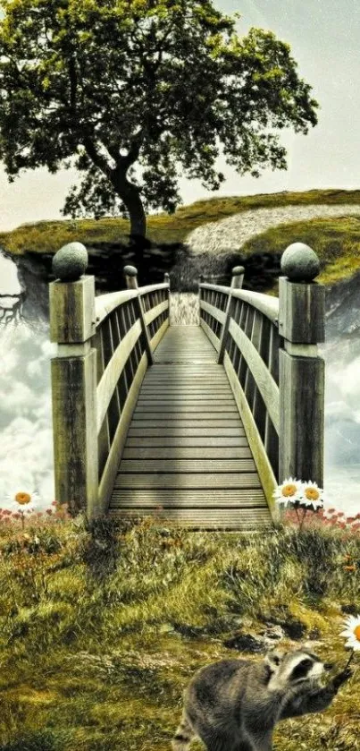 Mystical bridge to tree amid clouds with raccoon.