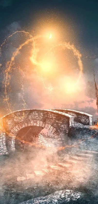 A mystical bridge under a starry, glowing night sky, surrounded by mist and magic.