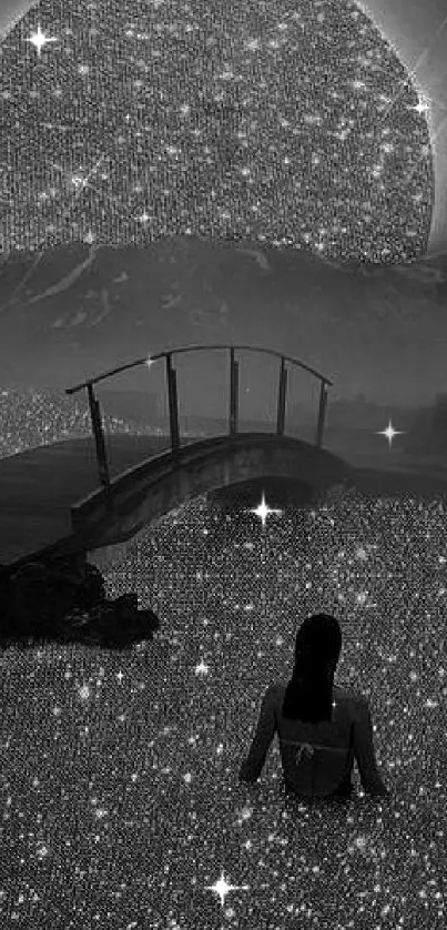 Mystical bridge under a starry moonlit sky.