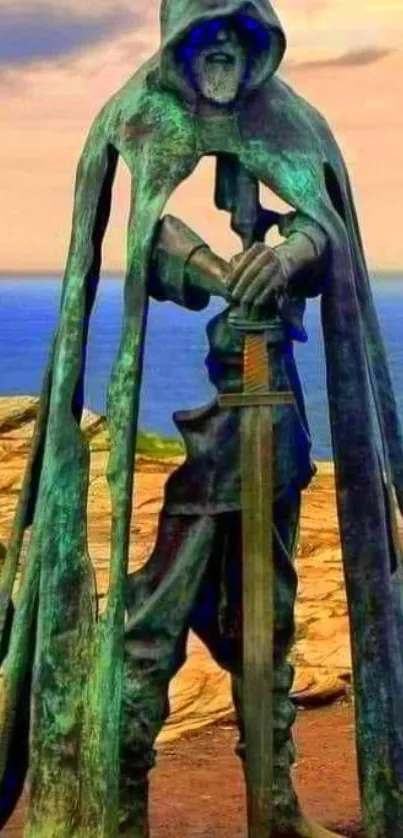 Bronze statue with sword by the sea, mystical atmosphere.