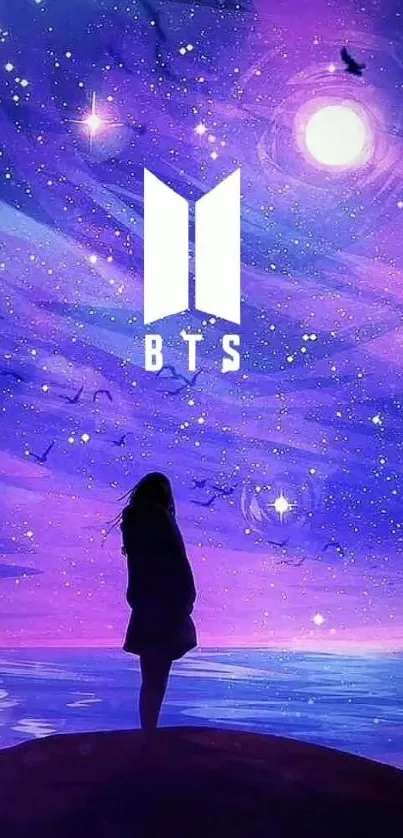 Mystical BTS wallpaper with starry purple night sky.