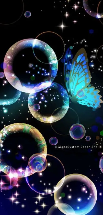 Colorful bubble and butterfly wallpaper with dark background.