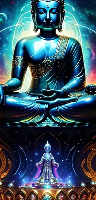 Mystical Buddha illustration with vibrant colors.