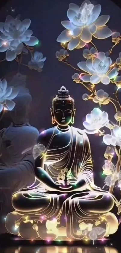 Luminous Buddha with flowers glowing in a serene mobile wallpaper.