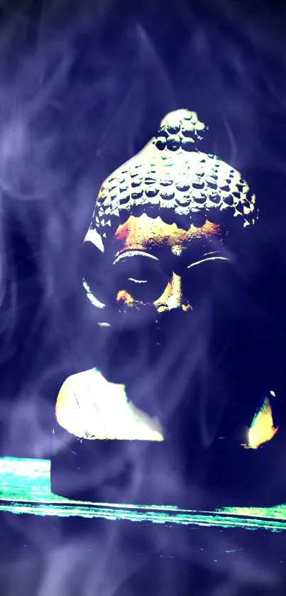 Buddha statue with mystical smoke effect in serene indigo hues.