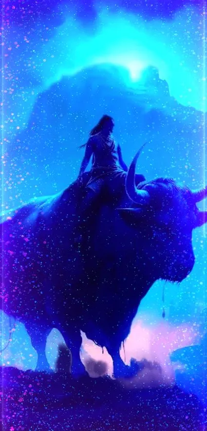 Mystical silhouette of a bull rider against a vibrant cosmic blue background.