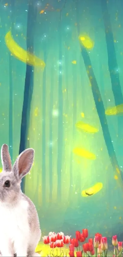 Rabbit in a mystical forest with glowing lights and tulips.