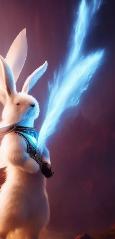 White rabbit with blue sword in magical setting.