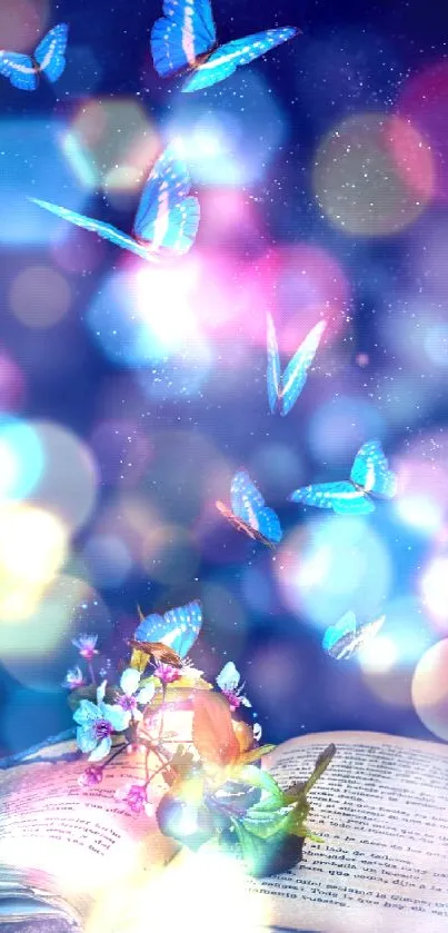 Blue butterflies emerge from a mystical book with bokeh lights.