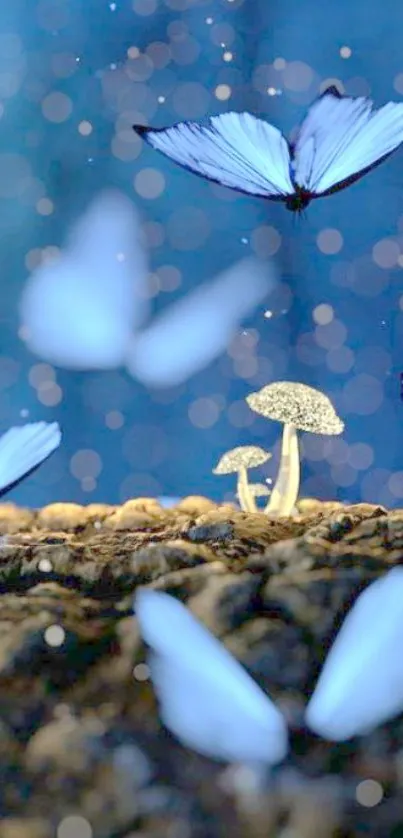 Mystical butterflies and mushrooms under a starry night sky.