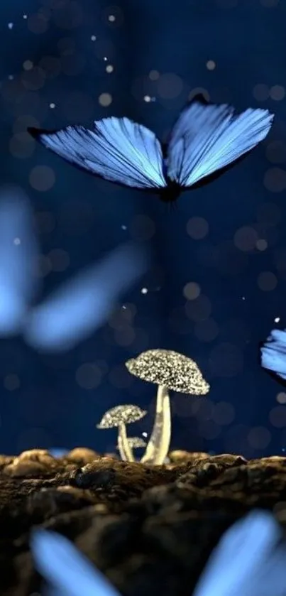 Mystical butterflies with glowing mushrooms at night.