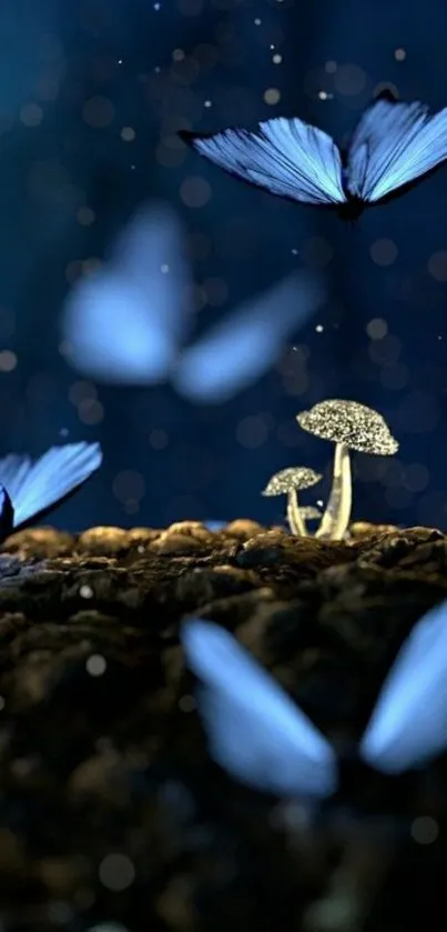 Ethereal blue butterflies flutter around glowing mushrooms in a mystical dark forest.