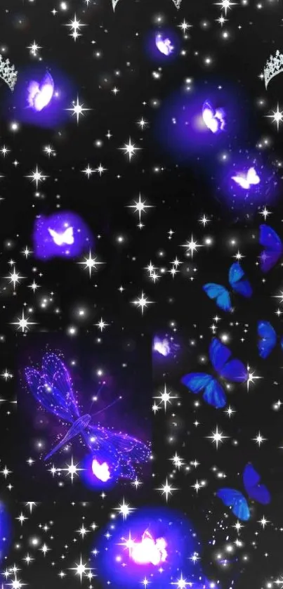 Mystical wallpaper with blue butterflies and starry sky theme.