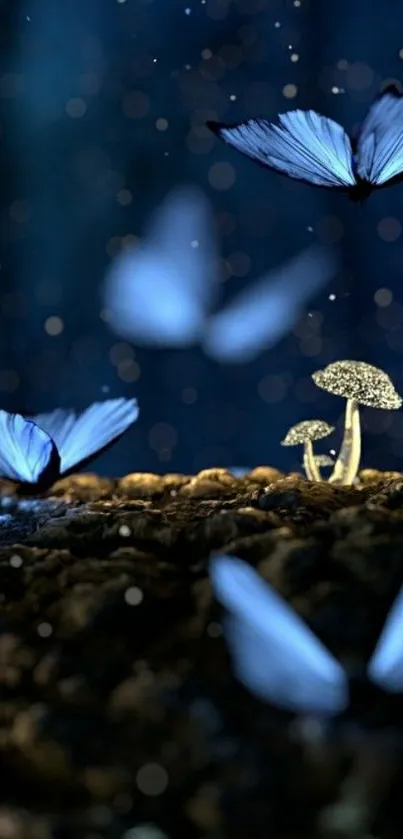 Nighttime scene with butterflies and glowing mushrooms.