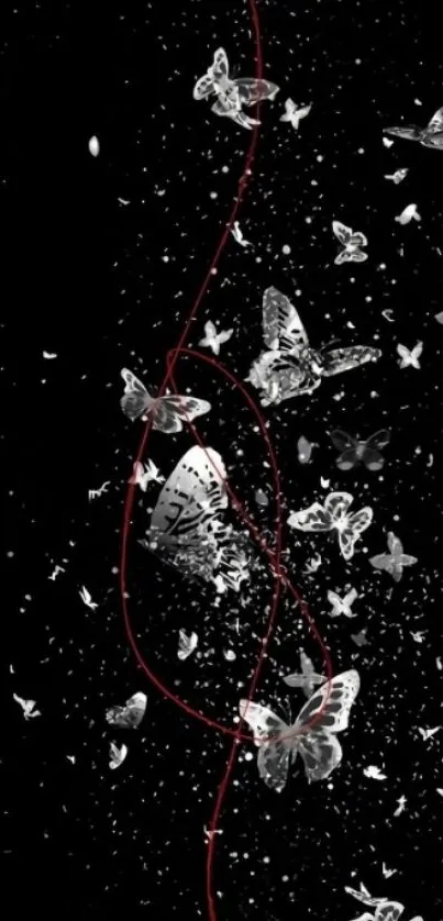 Mystical butterflies and red string on black wallpaper.