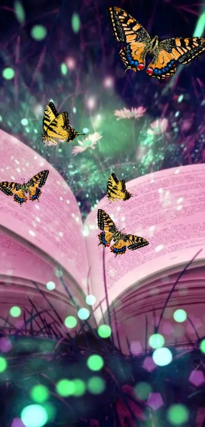 Magical wallpaper with butterflies and an open book surrounded by glowing lights.