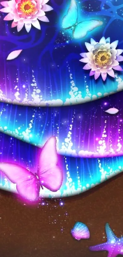 Vibrant fantasy mobile wallpaper with neon butterflies and flowers.