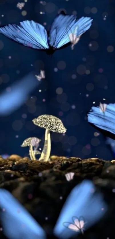 Blue butterflies fluttering in a mystical forest with mushrooms.