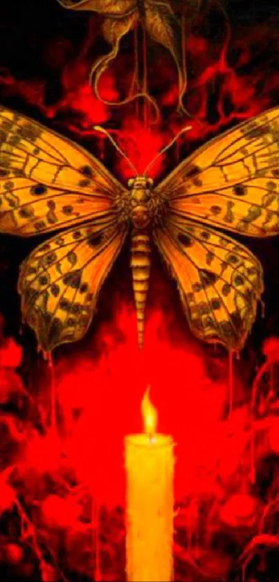 Mystical butterfly with candle and red glow background.