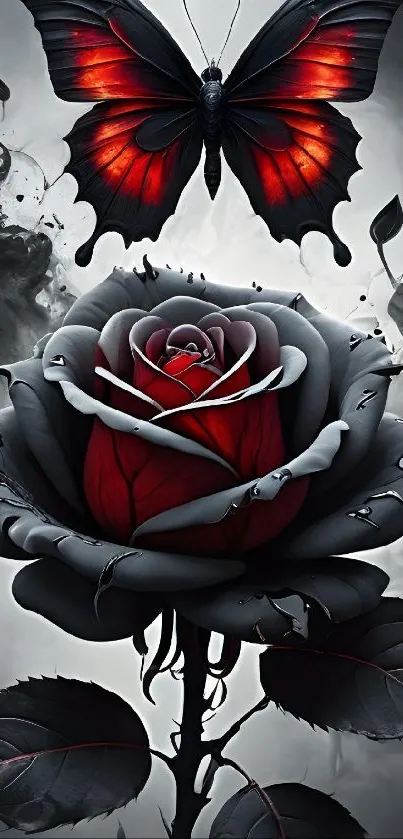 Mystical butterfly and rose with black and red hues.