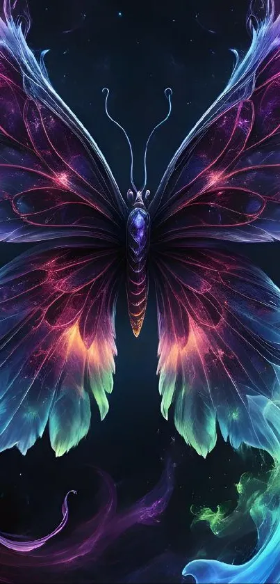 Mystical butterfly with vibrant neon colors on dark background.