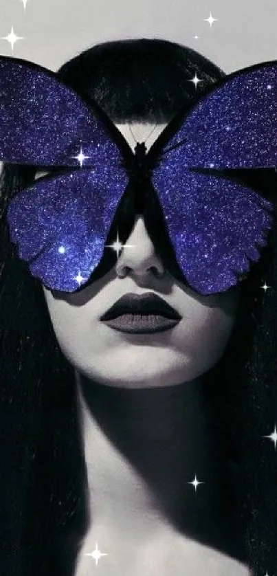 Surreal portrait with purple butterfly mask on woman's face.