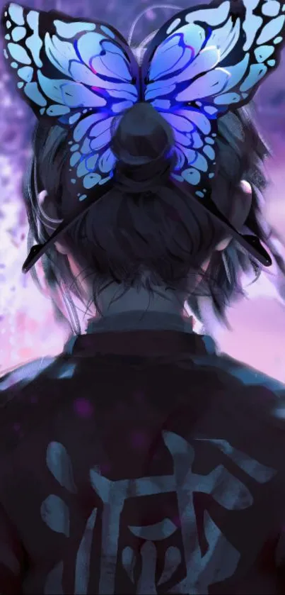 Anime character with blue butterfly design in mystical purple hues.