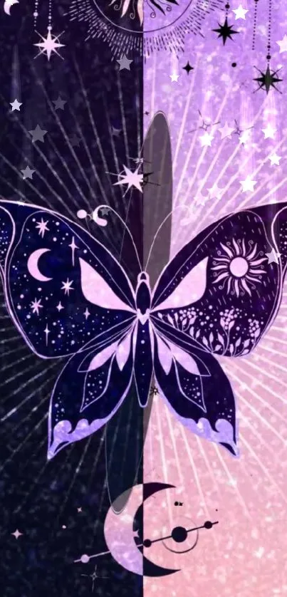 Mystical butterfly art with stars and celestial motifs on a purple background.