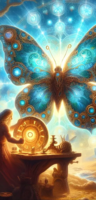 An enchanting mystical butterfly shines in vivid blue light on a fantasy wallpaper.