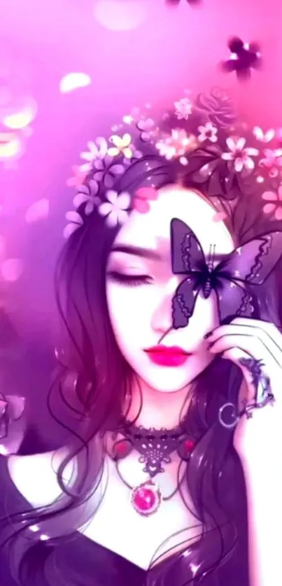 Artistic wallpaper of a woman with a butterfly mask and floral elements in purple hues.