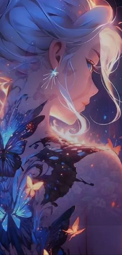 Ethereal woman with blue butterflies, mystical design.